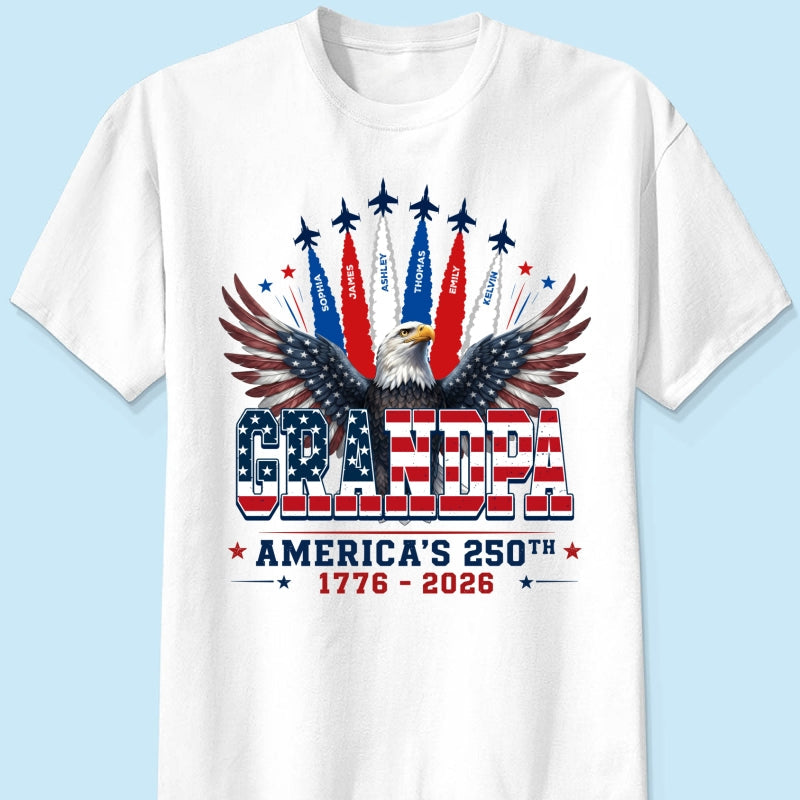 Proud Grandpa Dad Bald Eagle Jets Smoke Custom Kid Name - Personalized Shirt - American 250th Anniversary Keepsake For Husband, Dad, Grandpa