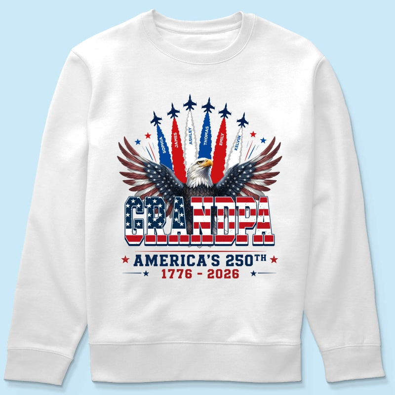Proud Grandpa Dad Bald Eagle Jets Smoke Custom Kid Name - Personalized Shirt - American 250th Anniversary Keepsake For Husband, Dad, Grandpa