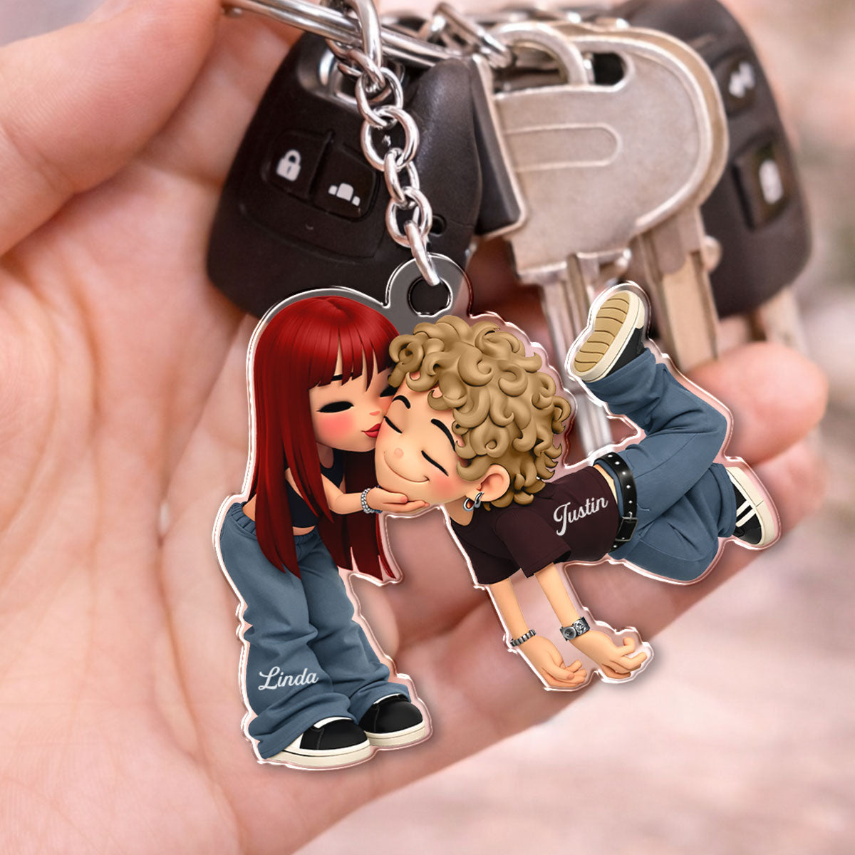 Romantic Cartoon Couple - Personalized Keychain - Gift for Couple