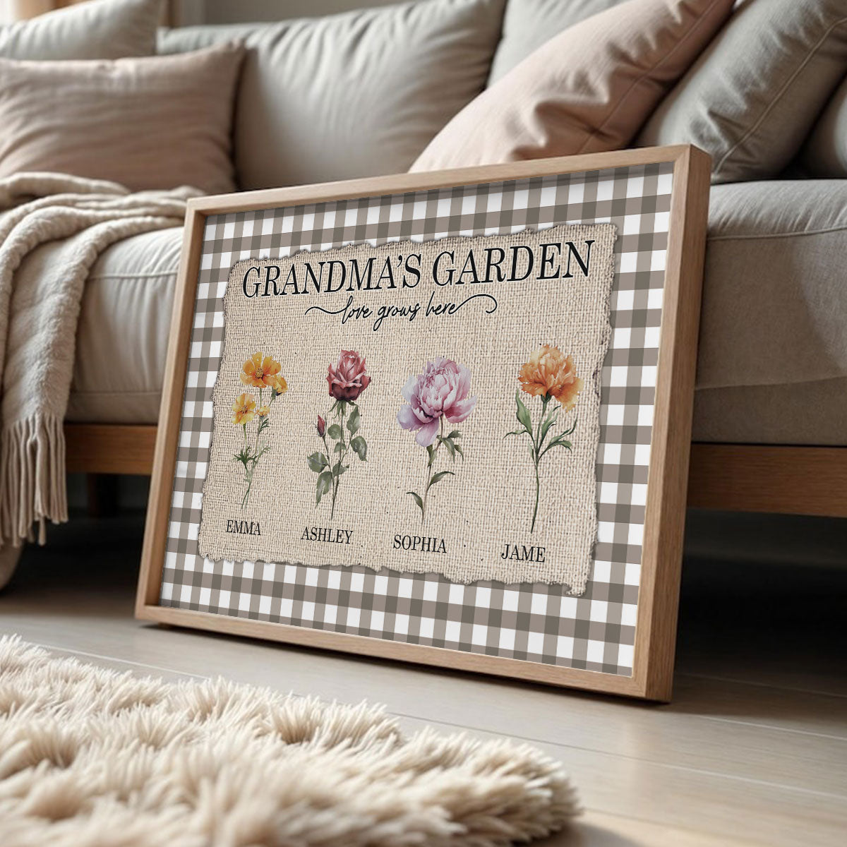 Gingham Pattern Grandma's Garden Birth Month Flowers - Personalized Poster - Mother's Day Gift For Grandma, Mom