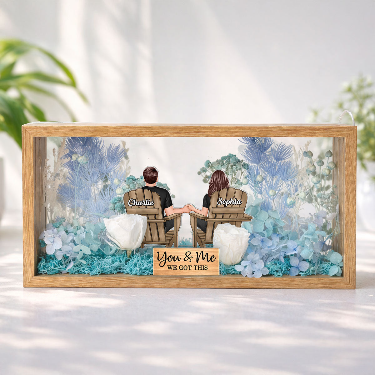 Eternal Love Back View Couple Sitting - Personalized DIY Flower Shadow Box LED Night Light - Gift For Couple, For Him, For Her