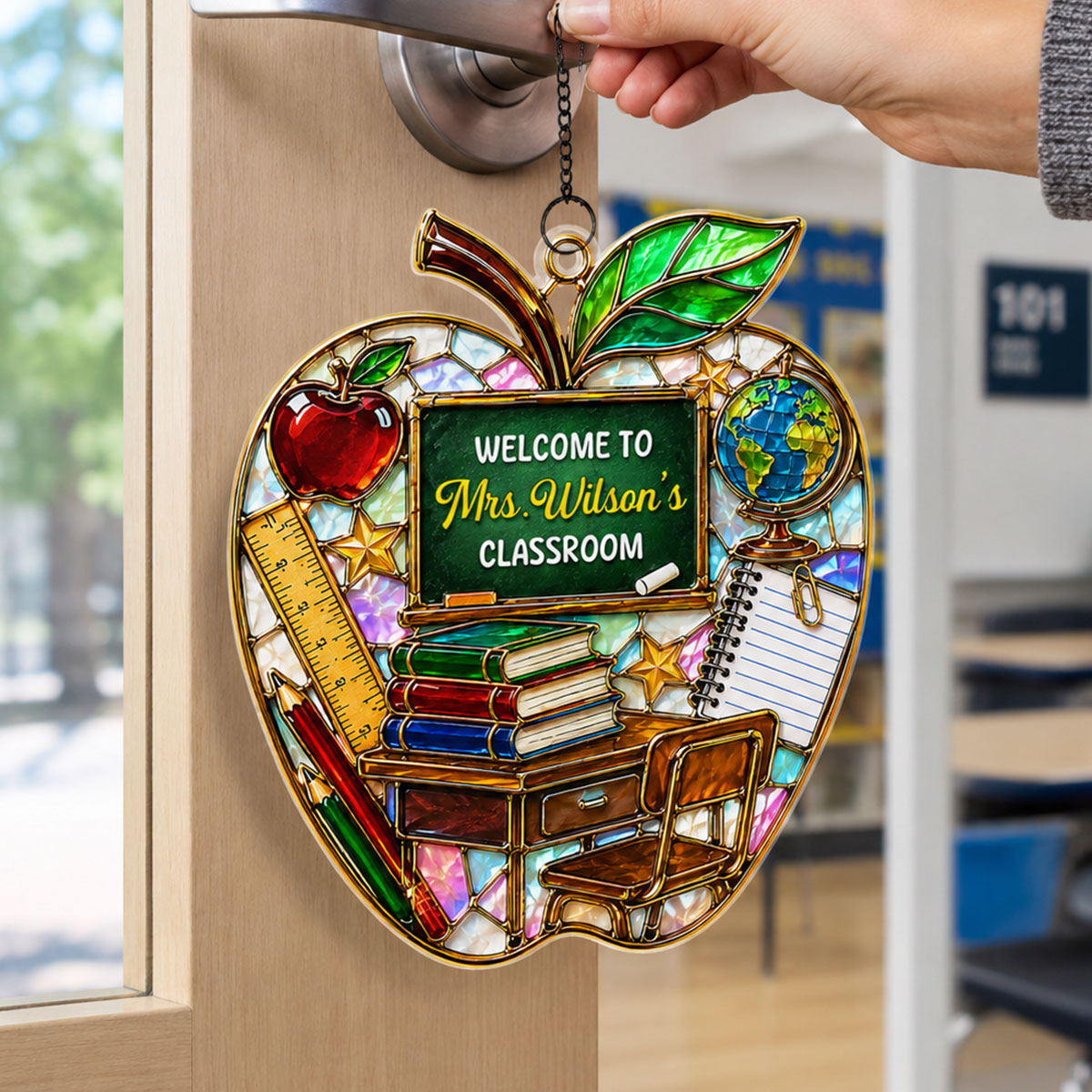Teacher Apple Welcome to Classroom - Personalized Acrylic Suncatcher - Back to School Gift for Teacher, Classroom Decor
