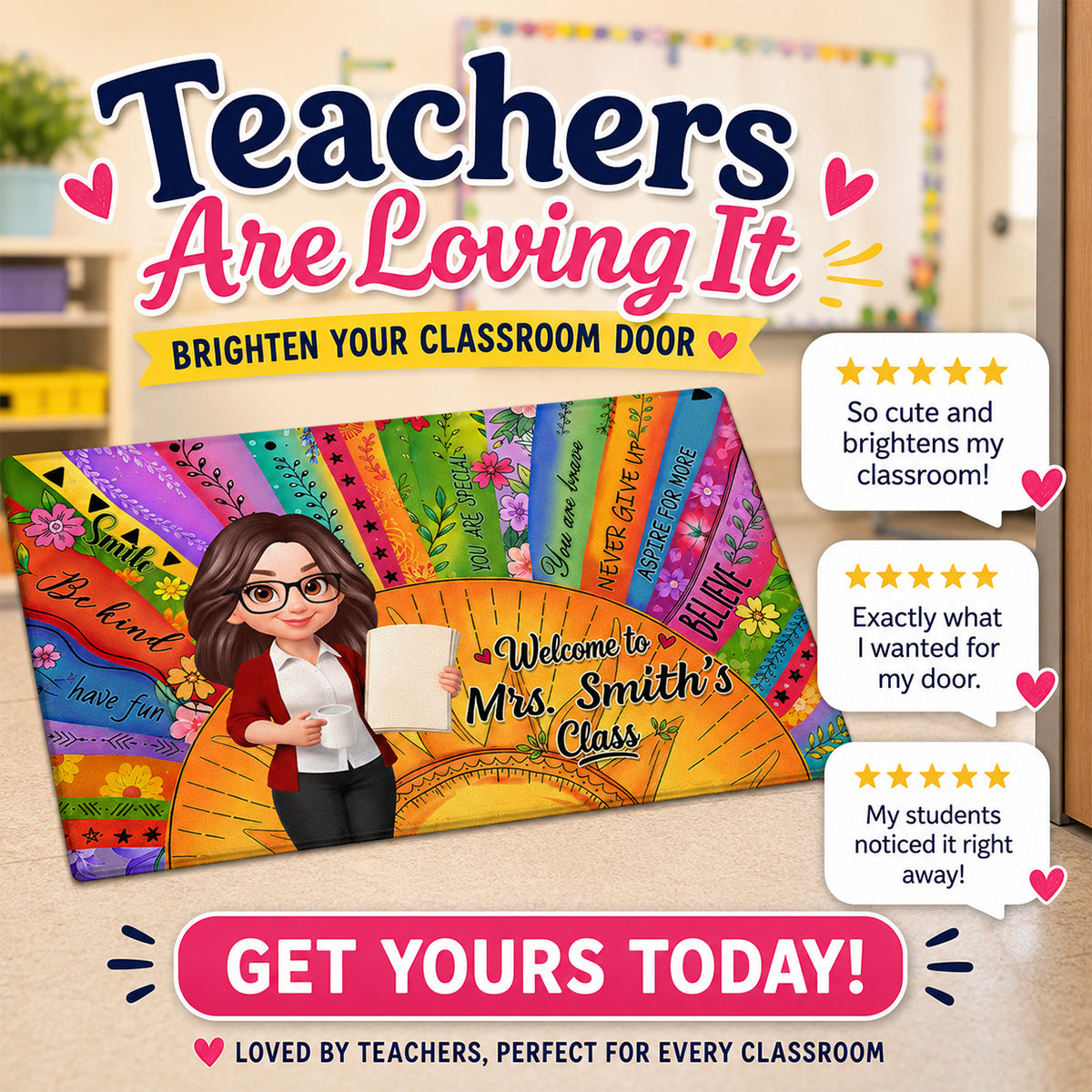 Welcome To Teacher Classroom Boho Sun Colorful Message - Personalized Doormat - Back To School Gift For Teacher