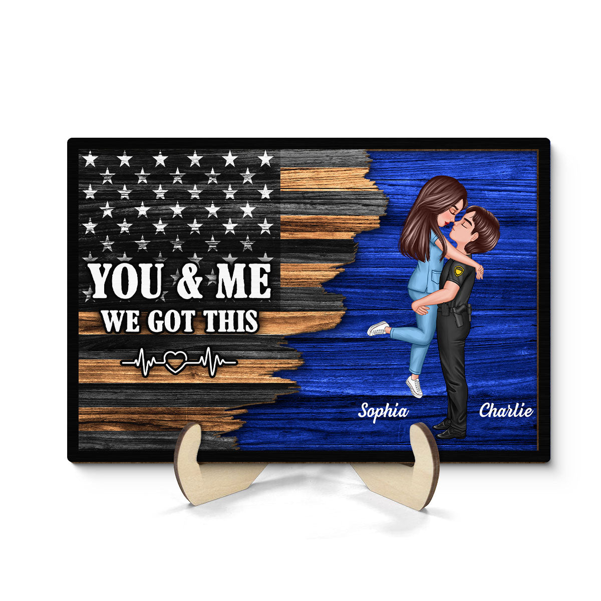 Saving Lives Together Hero Couple Half Flag Gifts by Occupation Gift For Her Gift For Him Firefighter, Nurse, Police Officer Personalized 2-Layer Wooden Plaque