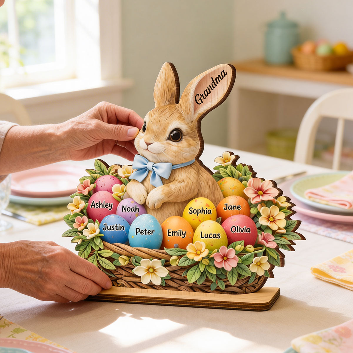 Grandma Grandkids Easter Bunny Basket - Personalized 2-Layered Wooden Plaque - Gift For Grandma
