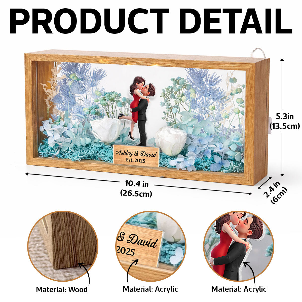 Romantic Couple Hugging Kissing - Personalized DIY Flower Shadow Box LED Night Light - Gift For Couple, For Him, For Her