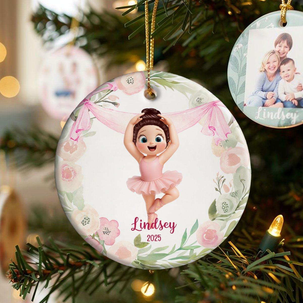 Floral Frame Ballerina Girl - Personalized Ceramic Ornament - Christmas Gift For Daughter, Granddaughter