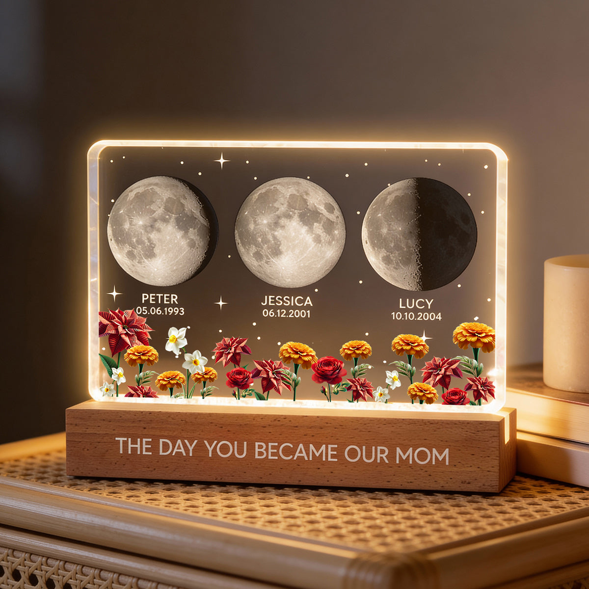 The Day You Became Our Mom Custom Moon Phase by Date - Personalized Acrylic Block LED Night Light, Custom Birth Flowers, Mother's Day Gift for Mom