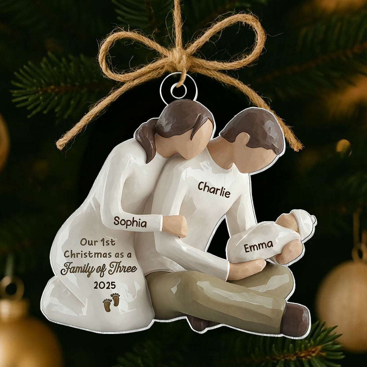 3D Effect First Christmas As Family Of Three Mom Dad Holding Baby - Personalized Acrylic Car Hanger
