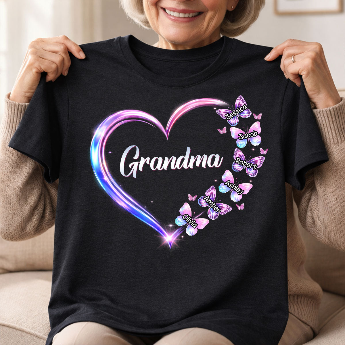Grandma Mom Butterfly Heart with Kids' Names - Personalized Shirt - Sentimental Gift for Grandma, Mom