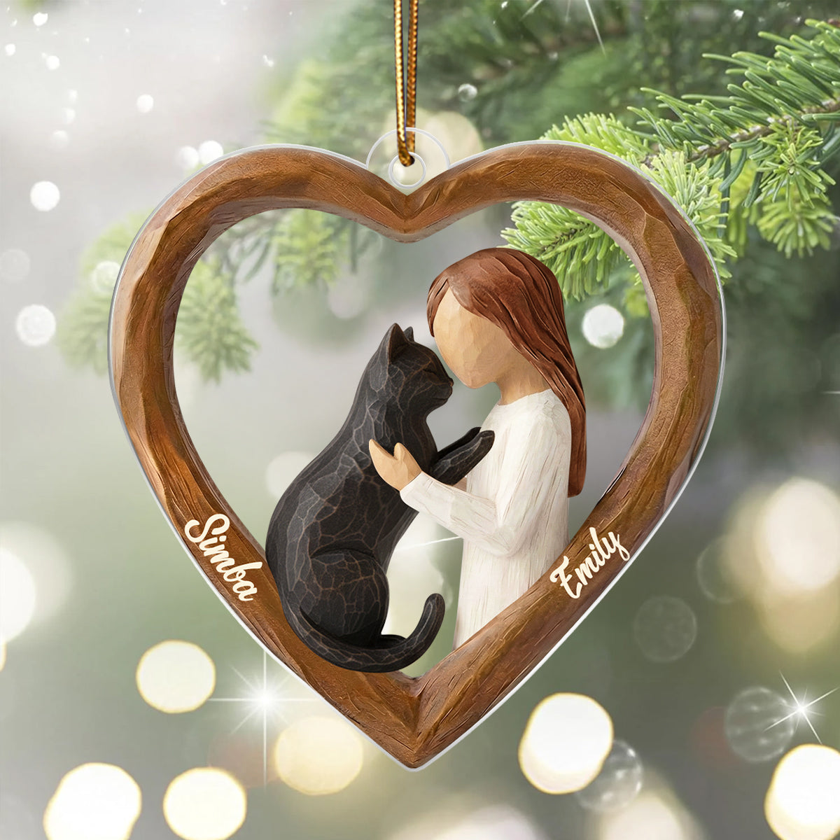 A Girl and Her Cat 3D Wooden Effect - Personalized Acrylic Ornament – Custom Girl and Cat, Keepsake Christmas Gift for Cat Moms