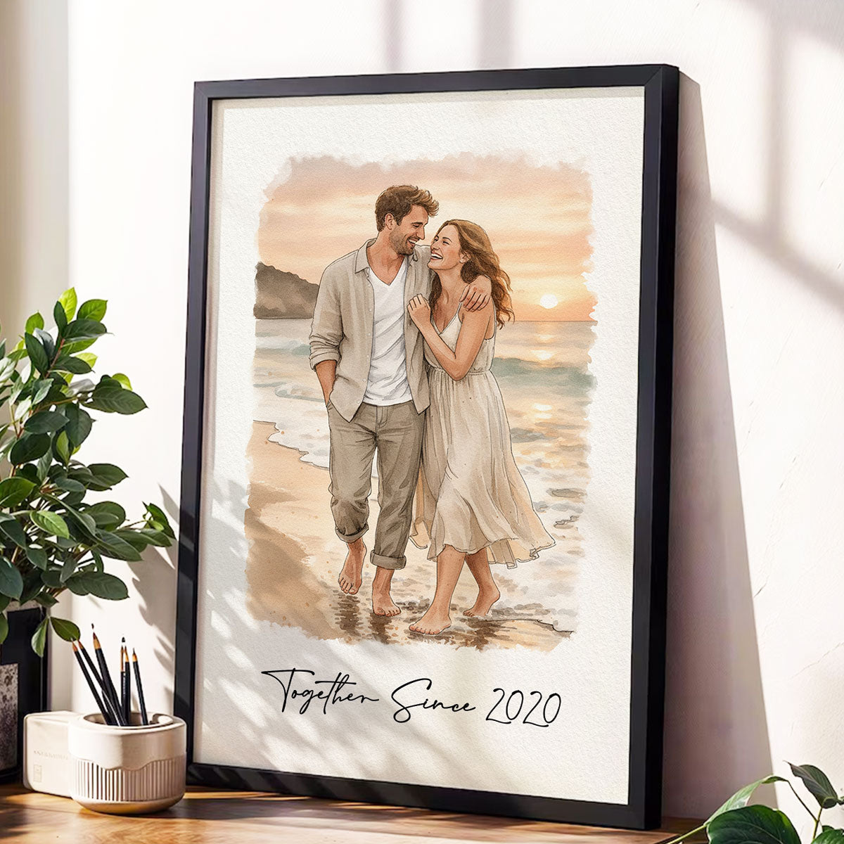 Watercolor Couple Family Pet Portrait - Personalized Poster - Anniversary Gift For Couple