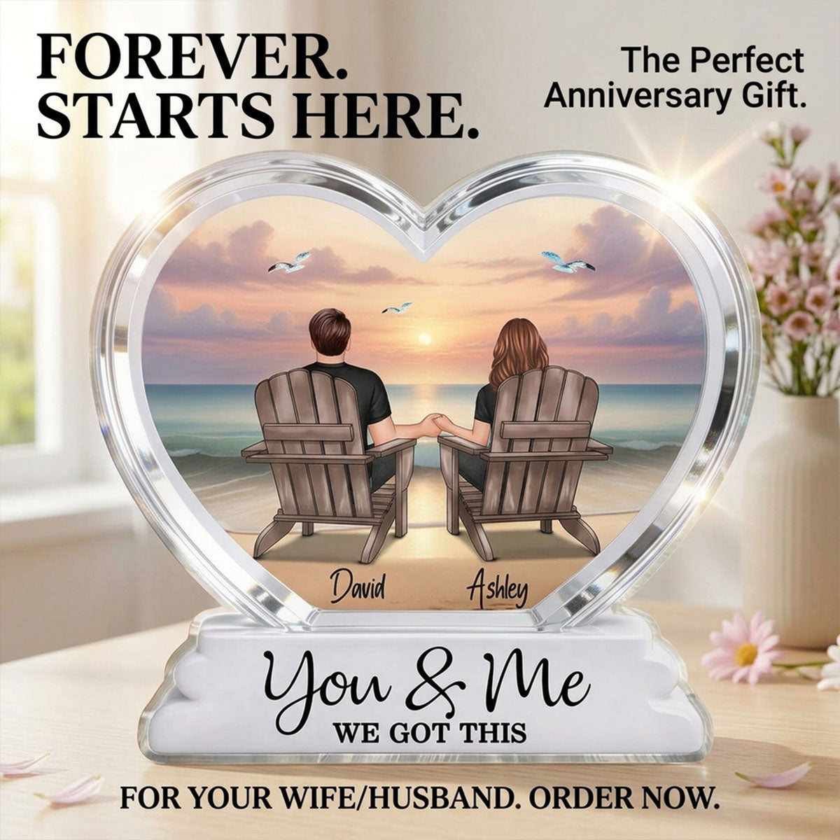 Couple Sitting Back View Beach Landscape 2D Flat - Personalized Acrylic Block Plaque - Anniversary, Birthday Gift For Him, Gift For Her