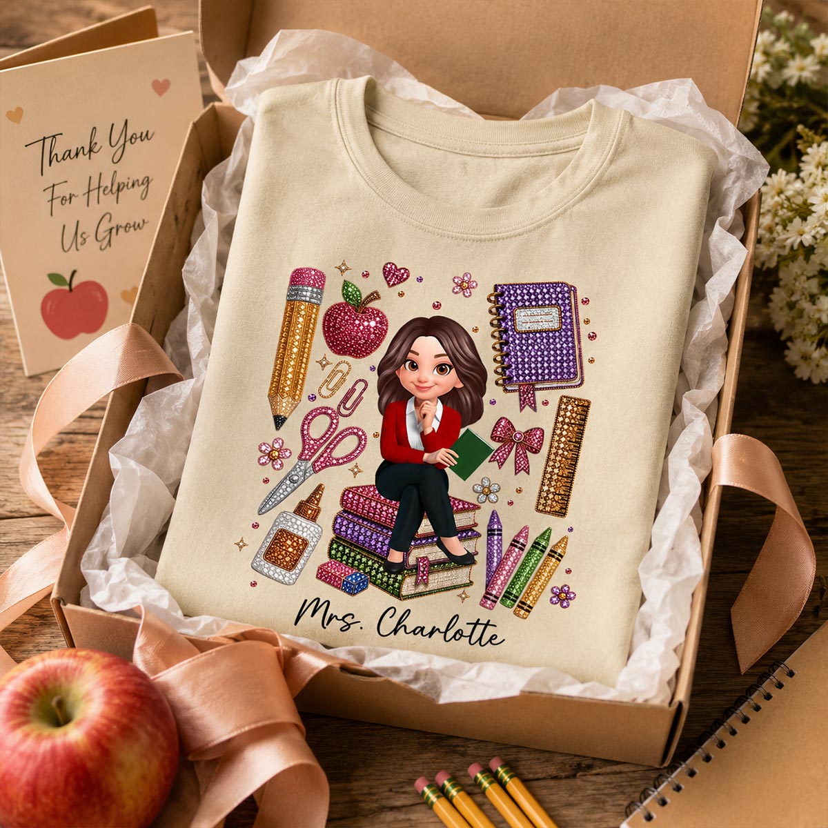 Teacher Sitting With School Supplies Faux Rhinestone – Personalized Shirt – Back To School Gift For Teacher