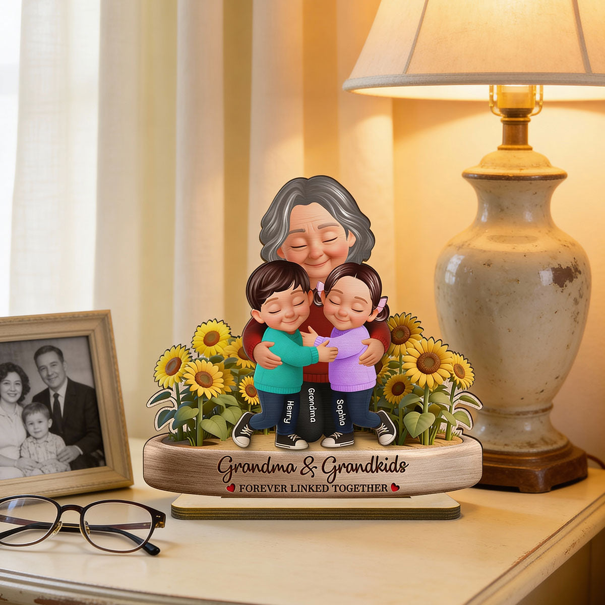 Grandma And Grandkids Forever Linked Together Sunflower Field - Personalized 2-Layered Wooden Plaque - Gift For Grandma