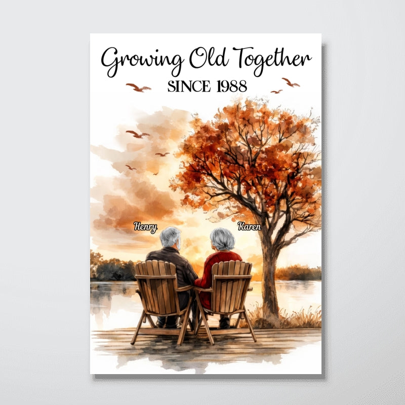 Romantic Old Couple At Park Bench - Personalized Poster - Anniversary, Valentine's Day Gift, Gift For Her, Gift For Him