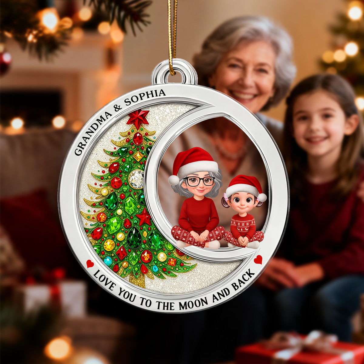 2D Flat Crystal Effect Love To The Moon Grandma Grandkid Sitting - Personalized Acrylic Ornament
