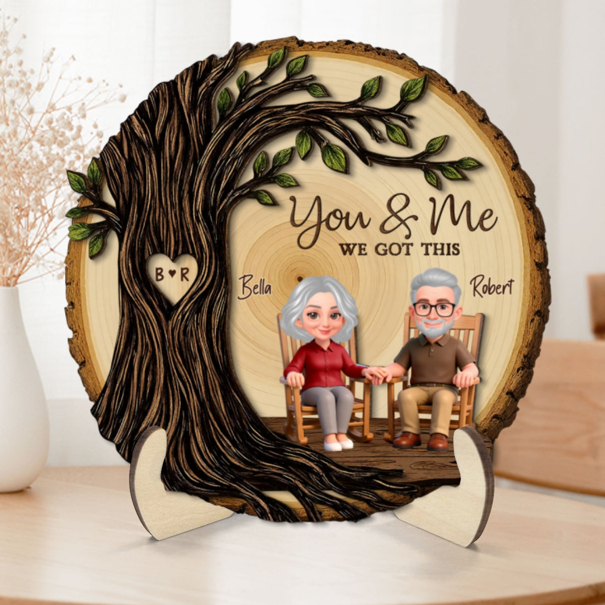 Old Couple Rocking Chair Under Heart Carved Tree - Personalized 2-Layered Wooden Plaque - Valentine's Day Gift For Couple