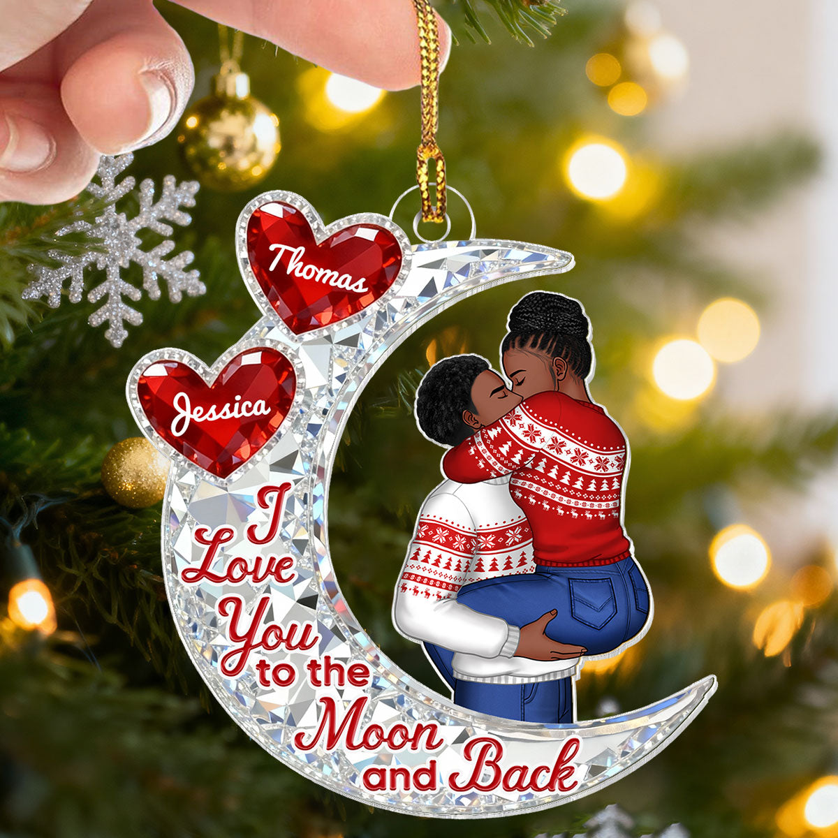 3D Effect Flat Moon Couple Hugging Kissing - Personalized Acrylic Ornament - Gift For Couple, Gift For Him, For Her