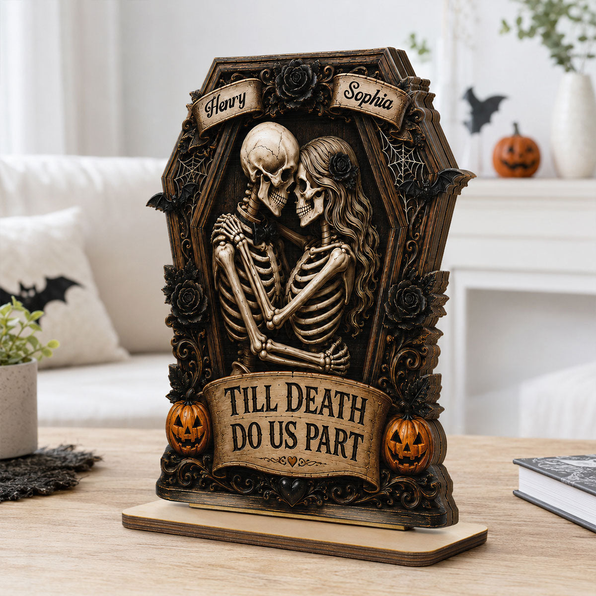 Till Death Do Us Part Skeleton Couple In Coffin 2D Flat - Personalized 2-Layered Wooden Plaque - Halloween Decor For Couple
