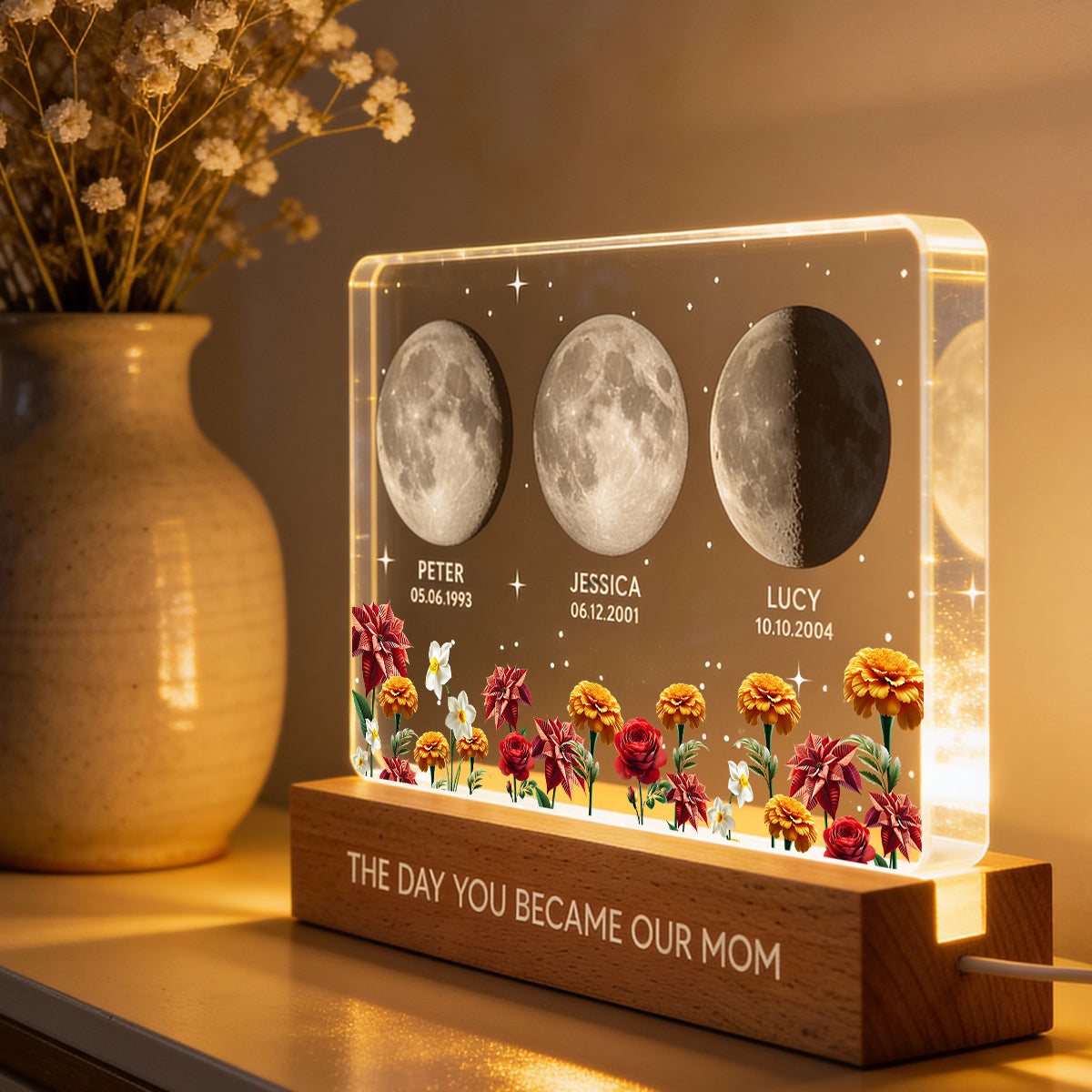 The Day You Became Our Mom Custom Moon Phase by Date - Personalized Acrylic Block LED Night Light, Custom Birth Flowers, Mother's Day Gift for Mom