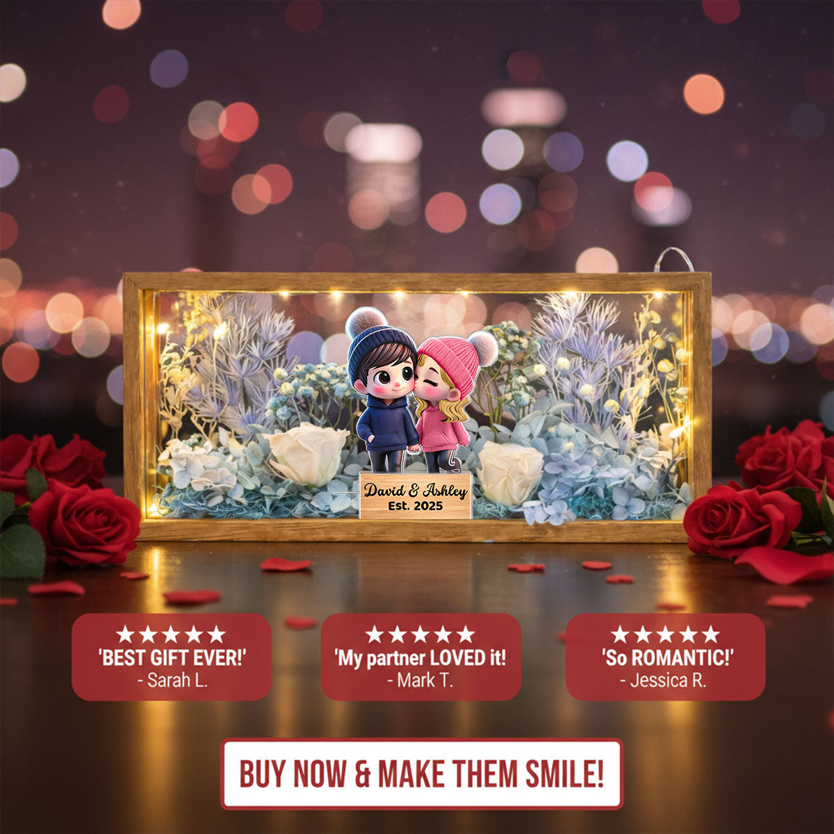 Eternal Love Cute Cartoon Chibi Couple Couple - Personalized DIY Flower Shadow Box LED Night Light - Gift For Couple, For Him, For Her