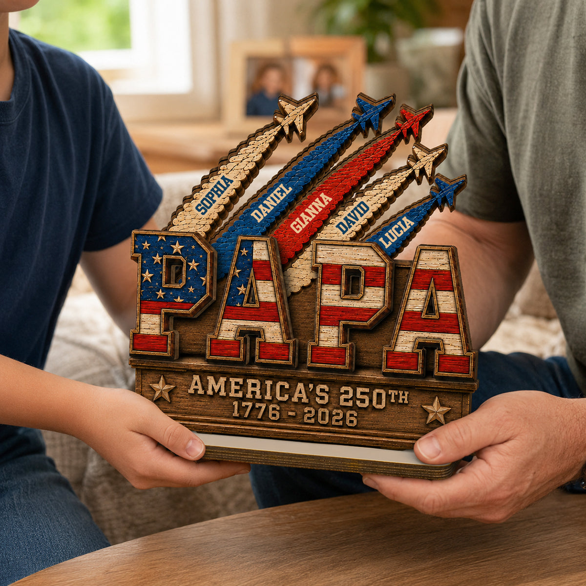 Dad Grandpa Nation Flag American 250th Anniversary - Personalized Wooden Plaque -  Gift For Dad, Grandpa