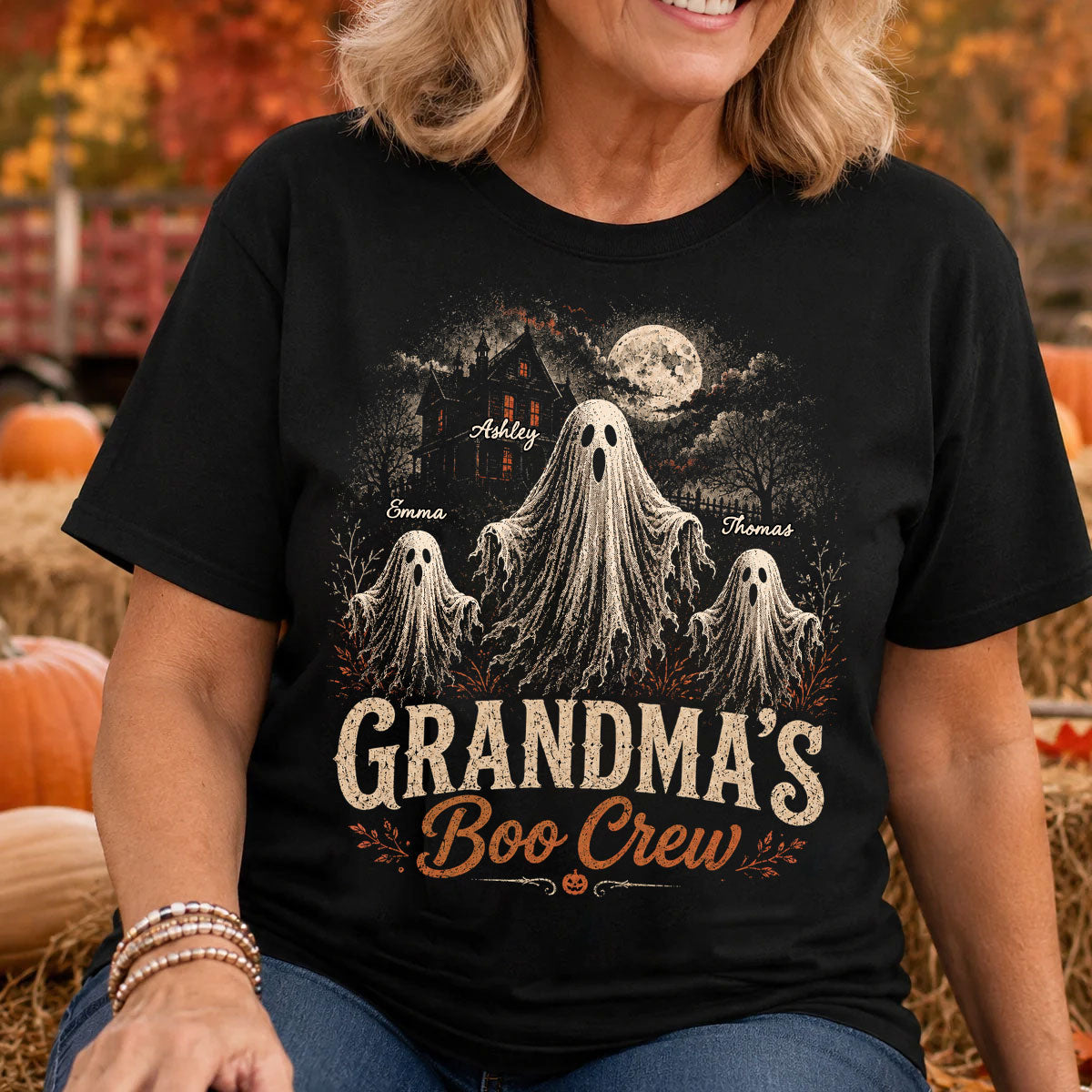 Grandma's Boo Crew Haunted House - Personalized Shirt - Halloween Trendy Tee for Grandma