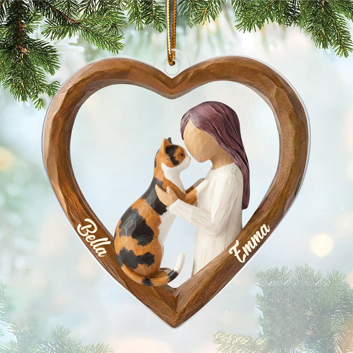 A Girl and Her Cat 3D Wooden Effect - Personalized Acrylic Ornament – Custom Girl and Cat, Keepsake Christmas Gift for Cat Moms