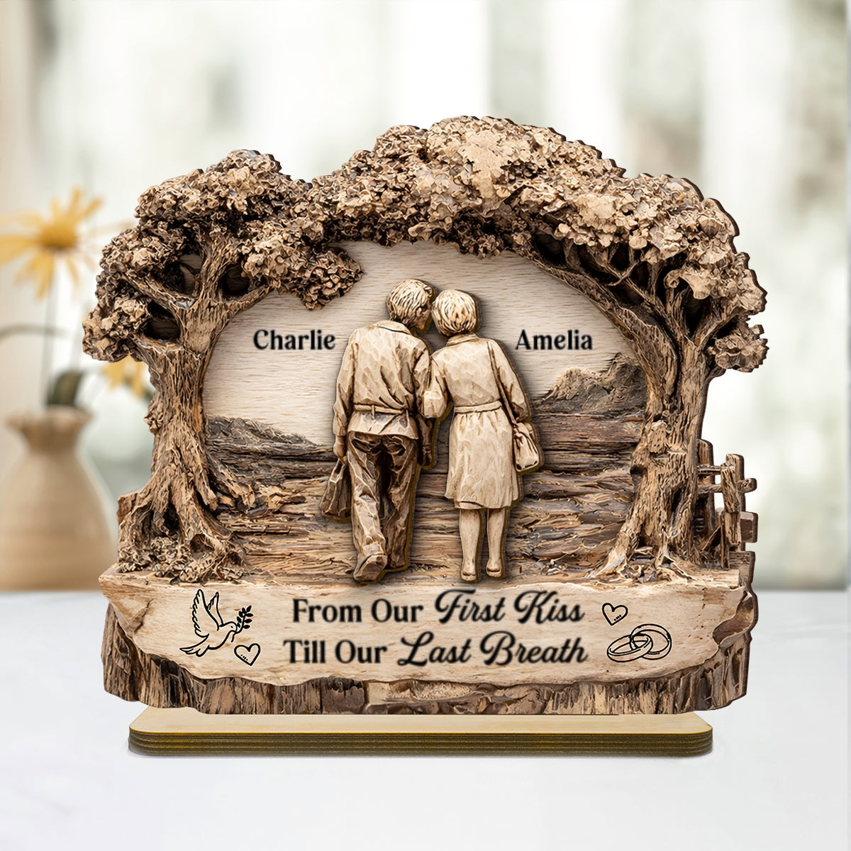 From Our First Kiss Till Our Last Breath - Personalized 2 Layer Standing Wooden Plaque - Gift for Couple