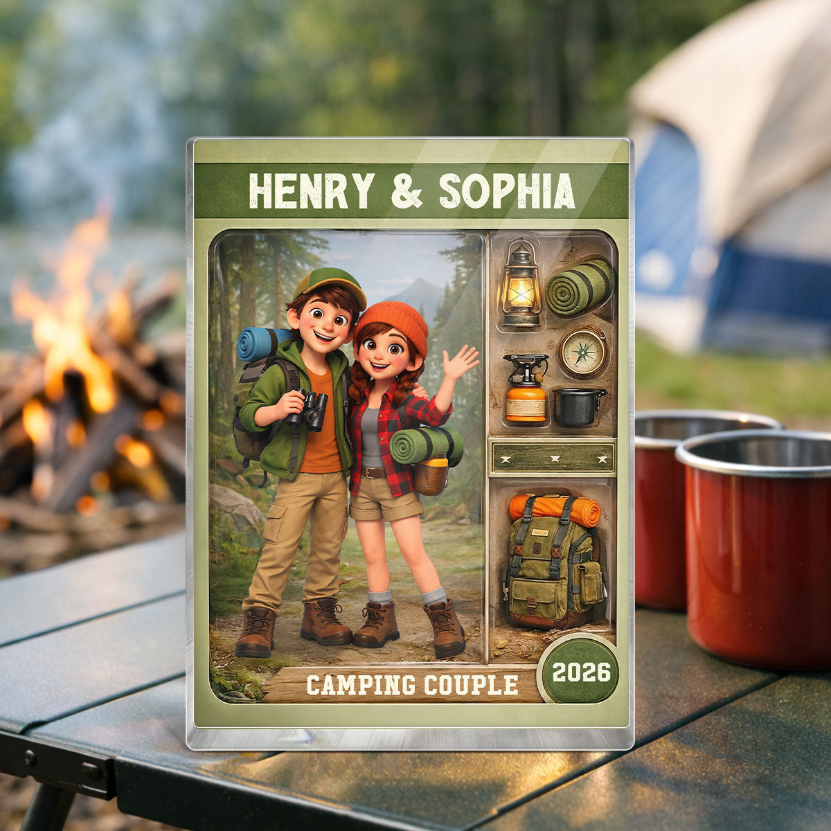 Camping Couple Action Figure - Personalized Acrylic Block Plaque - Anniversary, Valentine's Day Gift, Gift For Him, Gift For Her