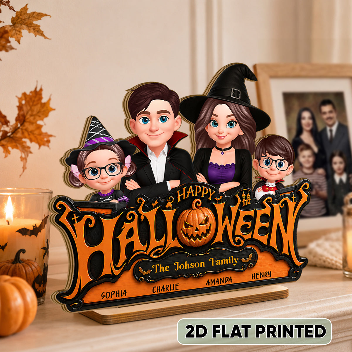 Happy Halloween Jack O Lantern Family - Personalized 2-Layered Wooden Plaque - Trendy Fall Halloween Decor