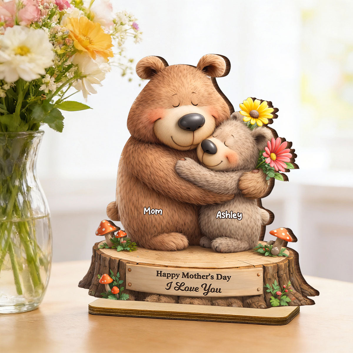 Loving Bears Mom & Kids - Personalized 2-Layered Wooden Plaque - Heartfelt Mother's Day Gift for Mom