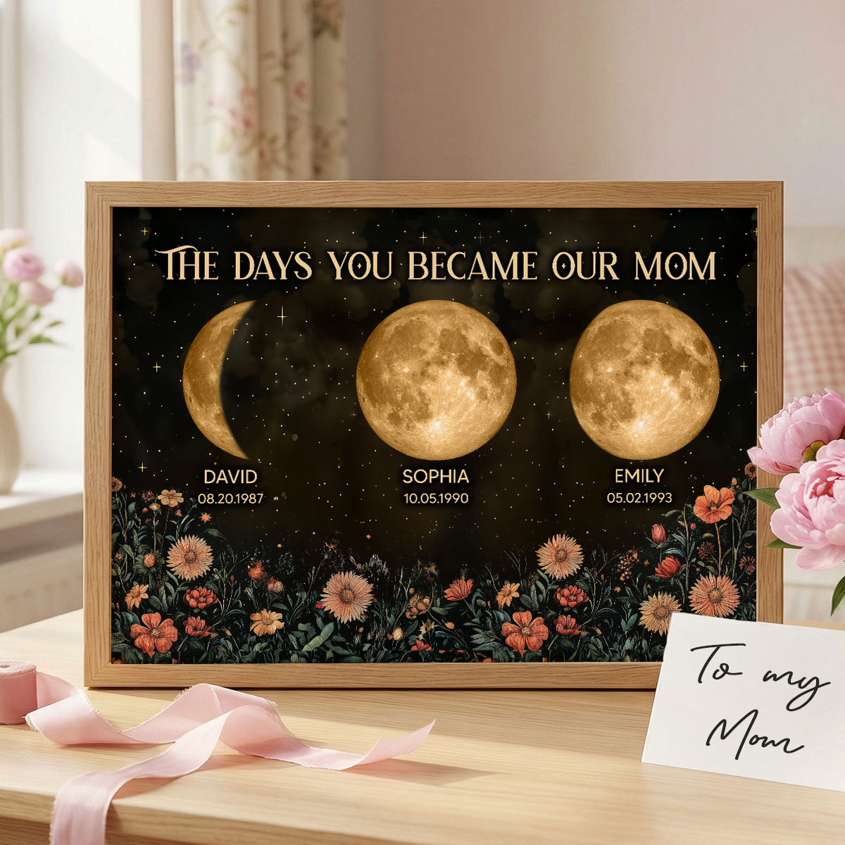 Vintage Flowers The Day You Became Mom Grandma Custom Birth Moon Phase - Personalized Poster, Mother's Day Gift For Mom, Grandma