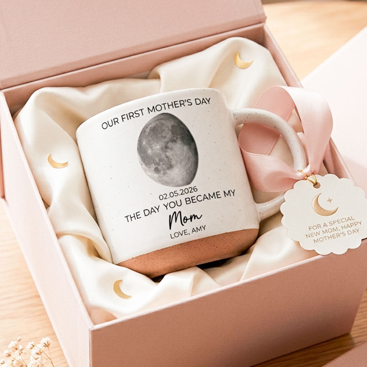 The Day You Became My Mom Custom Moon Phase First Mother's Day - Personalized Pottery Mug - First Mother's Day Gift For New Mom