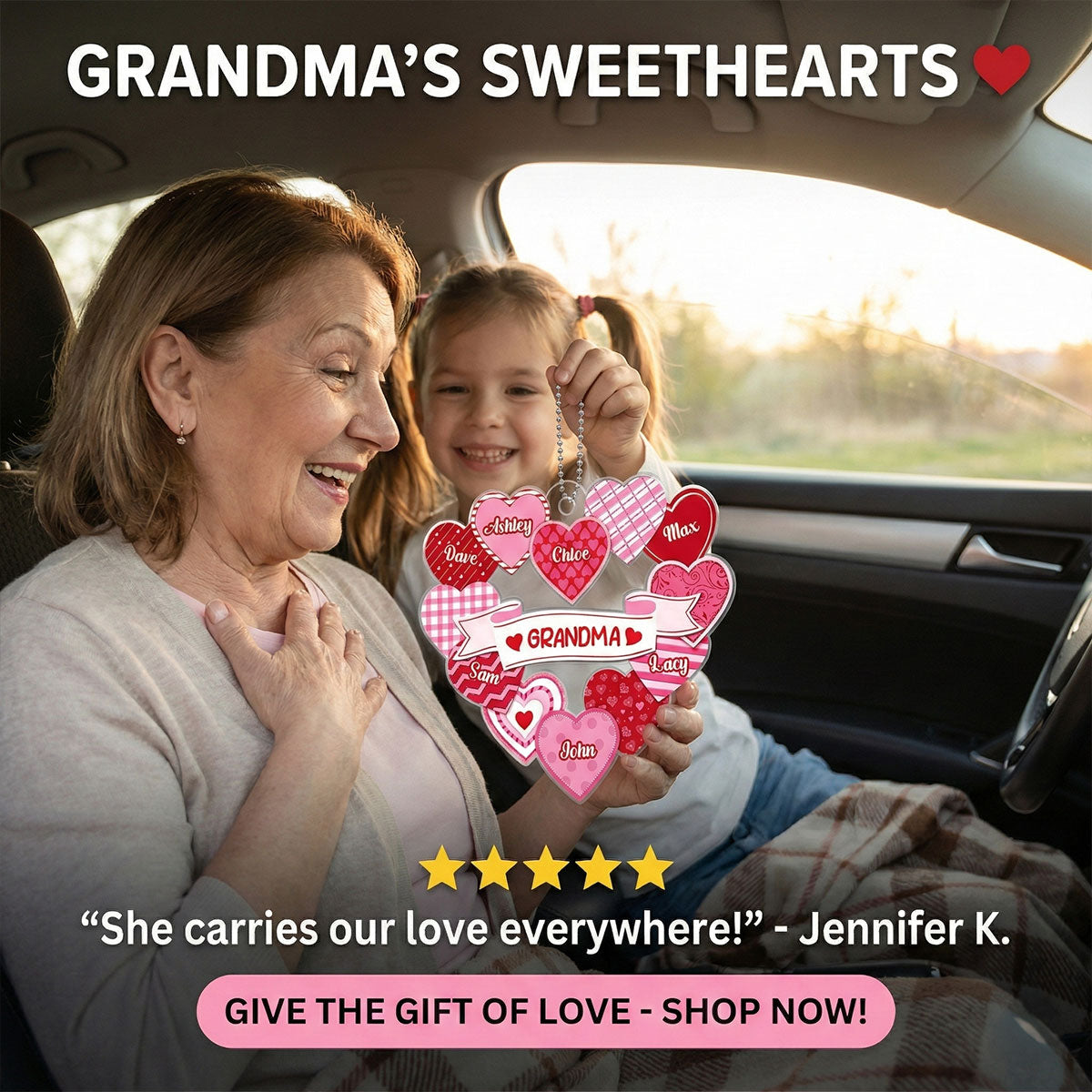Grandma's Sweethearts Coquette Valentine's Day - Personalized Car Hanger Ornament - Gift For Grandma
