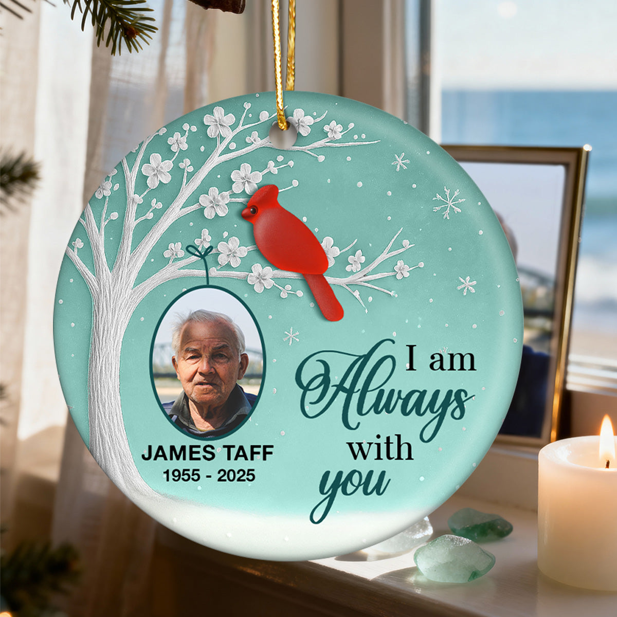 3D Sea Glass Effect Blossom Tree Cardinal Christmas Memorial Upload Photo - Personalized Ceramic Ornament