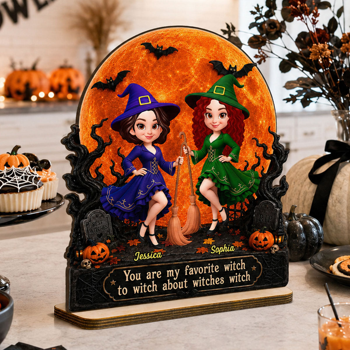 Halloween Witches Besties Moon Light - Personalized 2-Layered Wooden Plaque - Halloween Gift For Best Friends