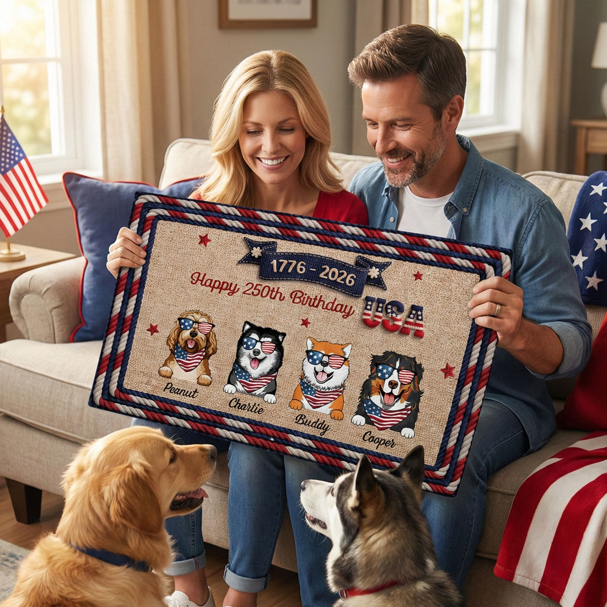 USA 250th Birthday Patriotic Flag Dog Faux Yarn Pattern - Personalized Doormat - Gift For Dog Lovers