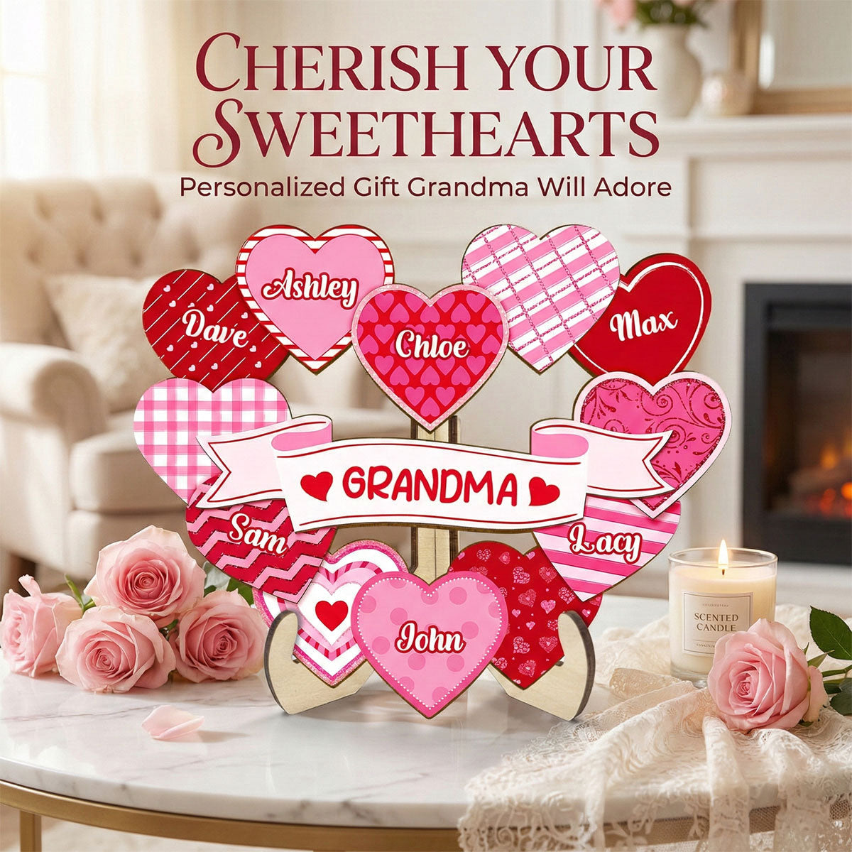 Grandma's Sweethearts Coquette Valentine's Day - Personalized 2-Layer Wooden Plaque - Home Decor Gift For Grandma