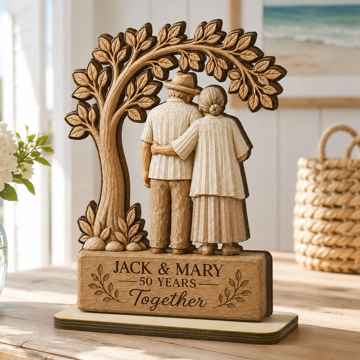 Rustic Old Couple Walking Anniversary Gift - Personalized 2-Layered Wooden Plaque - Wedding Year Decor