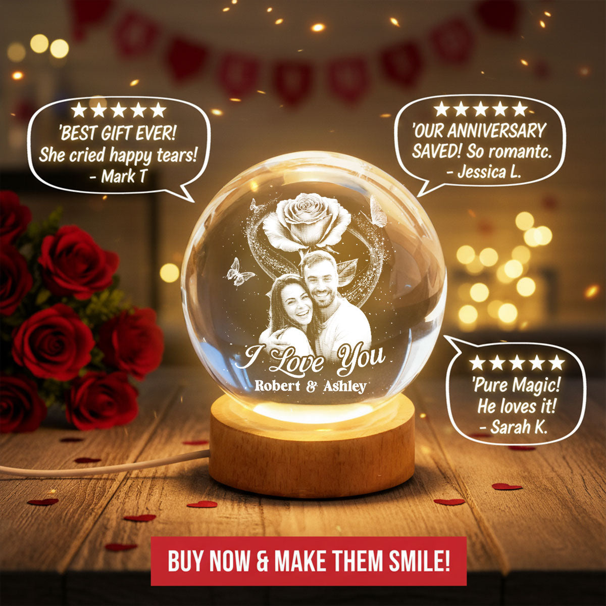Eternal Love Rose I Love You - Personalized Crystal Ball LED Night Light - Valentine's Day Gift For Couple, For Her