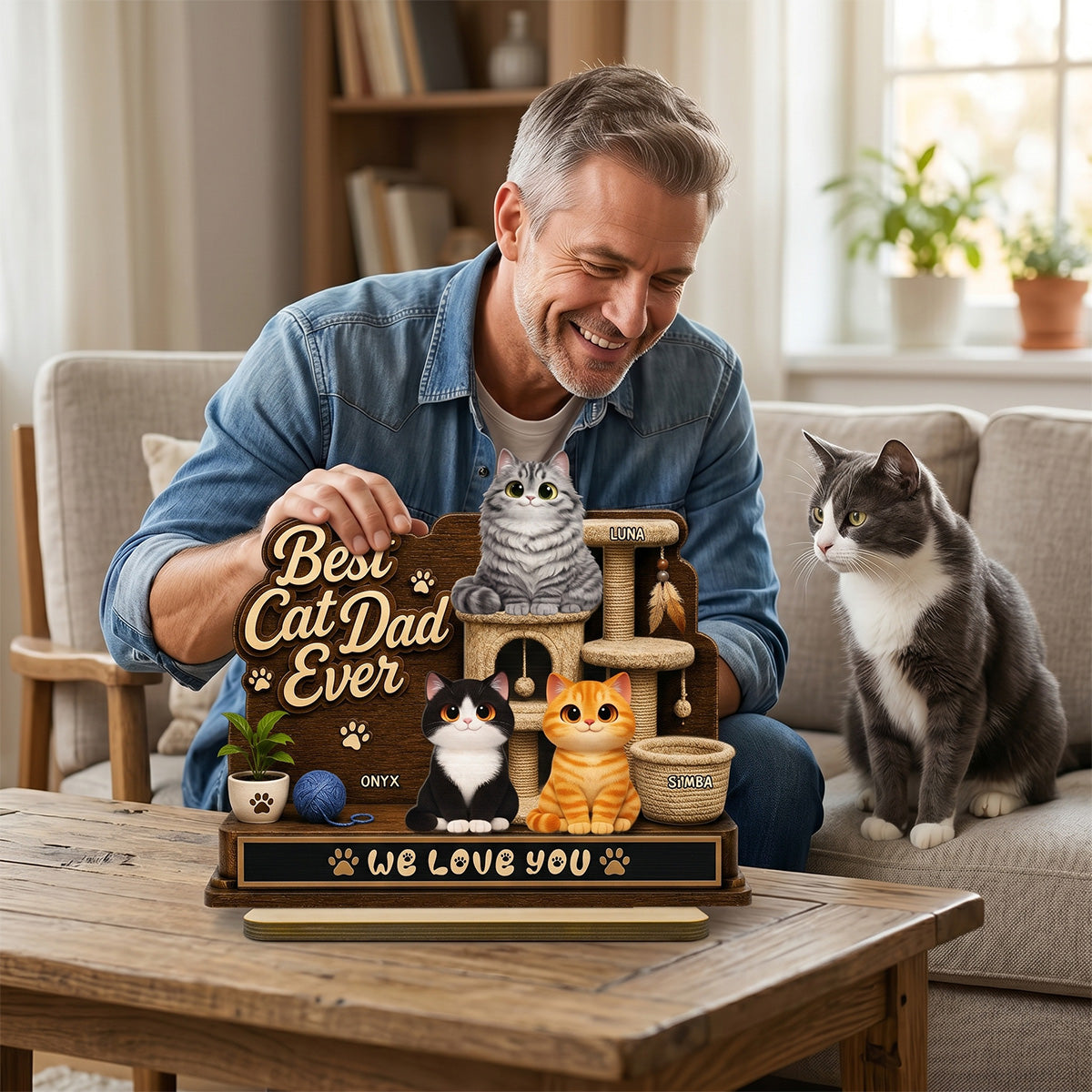 Best Cat Dad Ever Cute Cats On Cat Tree 2D Flat - Personalized 2-Layered Wooden Plaque -  Gift For Cat Dad