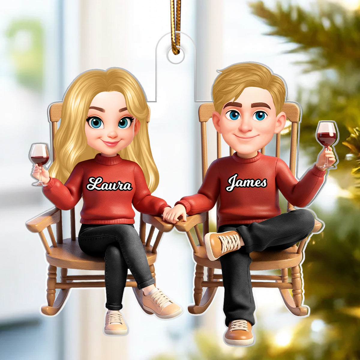 His and Hers Cartoon Couple Sitting on Rocking Chair - Personalized Acrylic Ornament - Christmas Gift for him, Gift for her