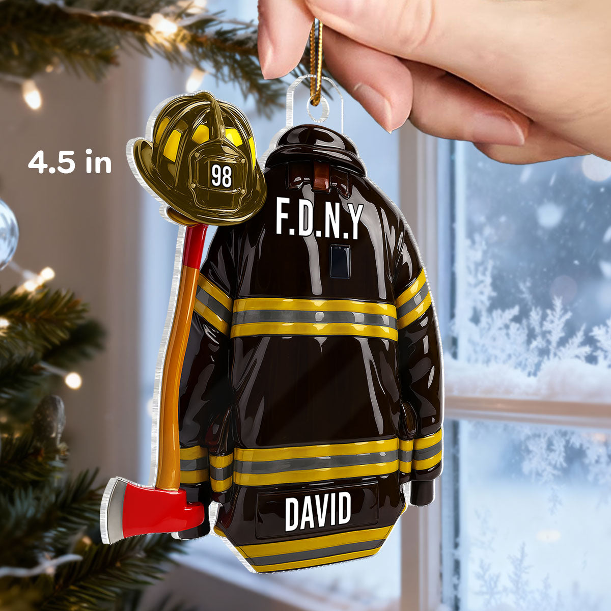 3D Effect Firefighter Coat, Helmet & Axe - Personalized Acrylic Ornament - Christmas Gift For Firefighter