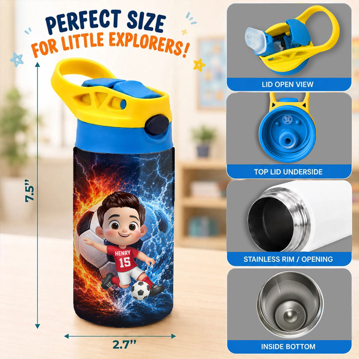 On-trend Soccer Design for Boys Girls - Personalized Kid Water Bottle - Back to School Gift for Kids