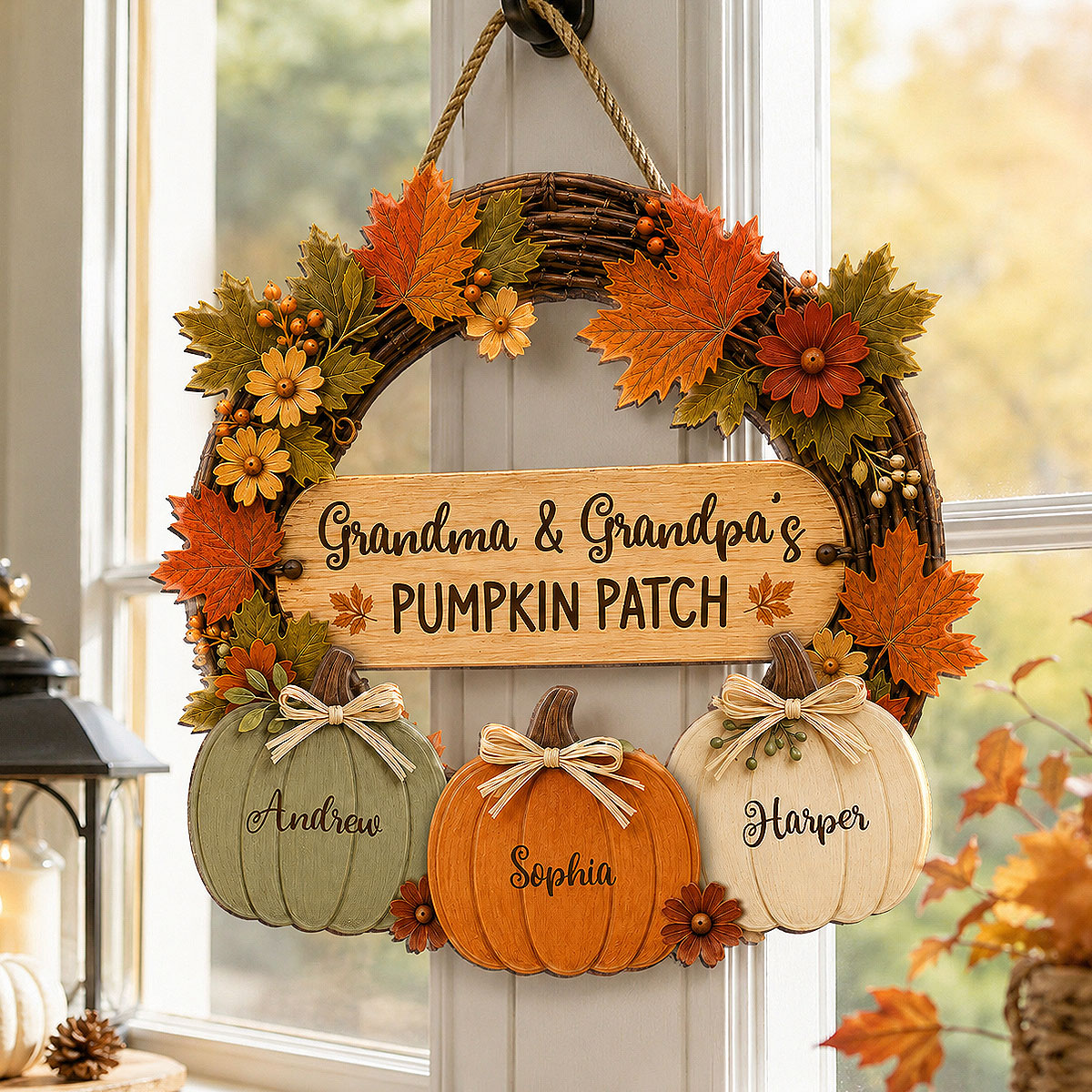 Grandma Grandpa's Pumpkin Patch 2D Flat Printed Wreath - Personalized Door Hanger - Fall Season Decor For Grandparents