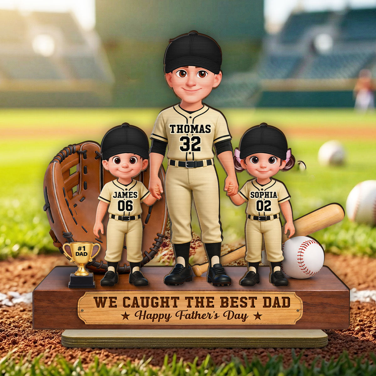 Baseball No.1 Dad We Caught The Best Dad - Personalized 2-Layered Wooden Plaque -  Gift For Dad
