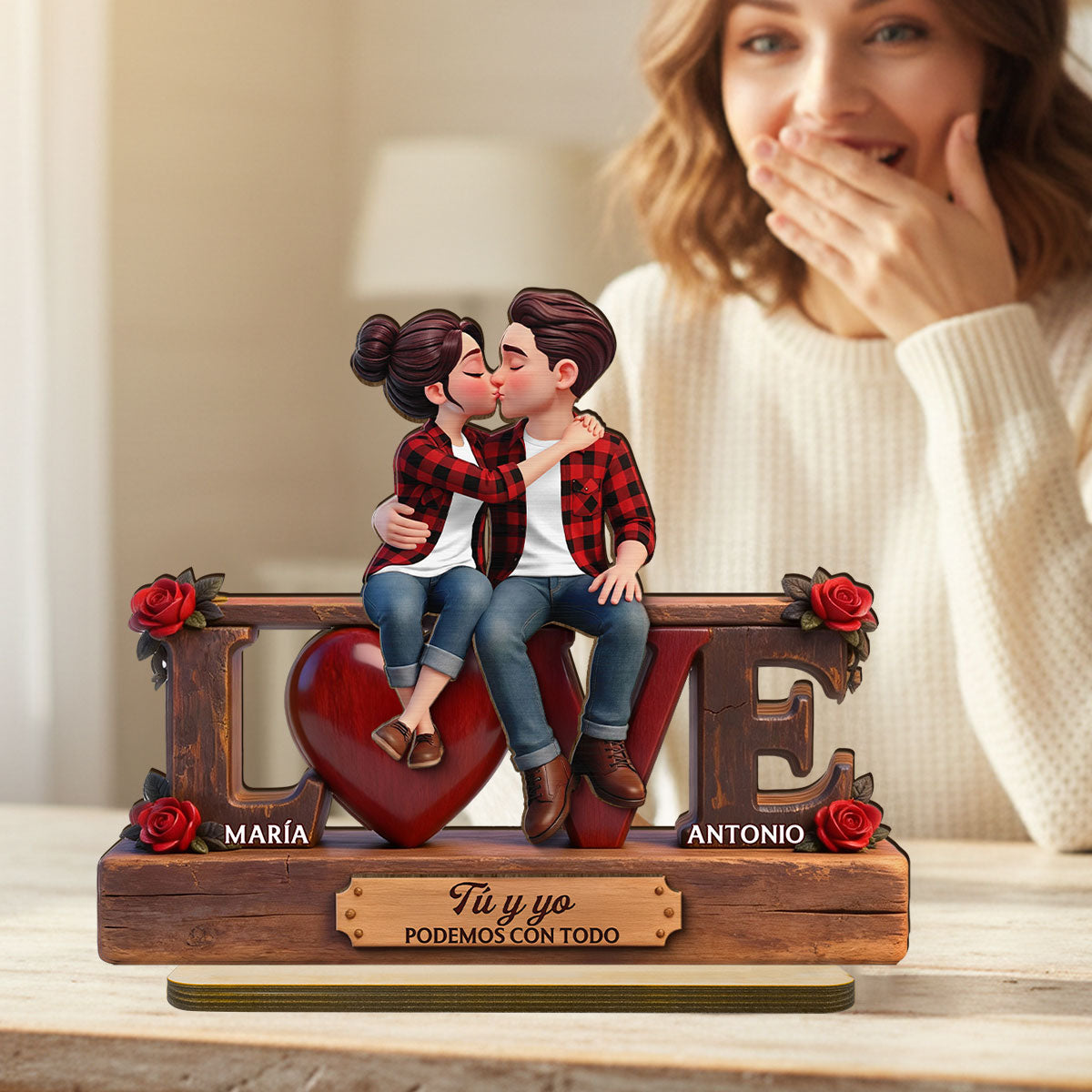 Roses LOVE Spanish Couple Sitting Kissing - Personalized 2-Layered Wooden Plaque - Heartfelt Gift For Couple