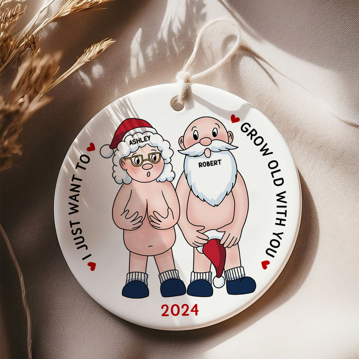 Funny Old Couple Personalized Circle Ceramic Ornament Christmas Gift for Him for Her
